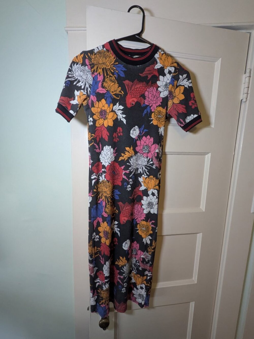 Koi Fish Floral Ribbed Maxi Dress Asian Print Zara Trafaluc S